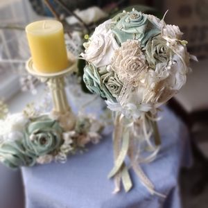 Floral light green, beige, white, headband/Headpiece cascading hair accessory